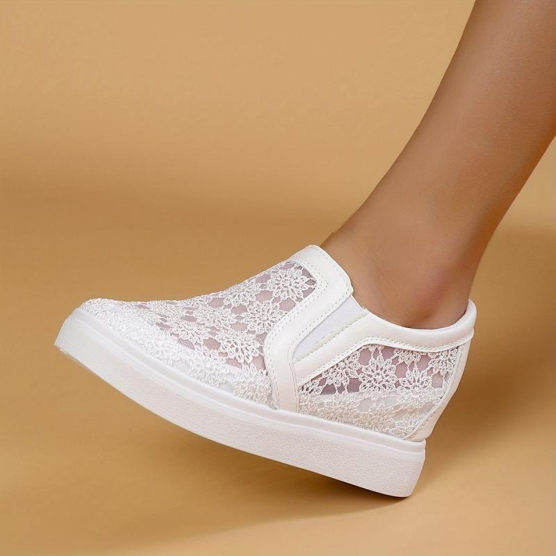 Women's Lace Wedge Loafers Flower Embroidered Slip-On Shoes