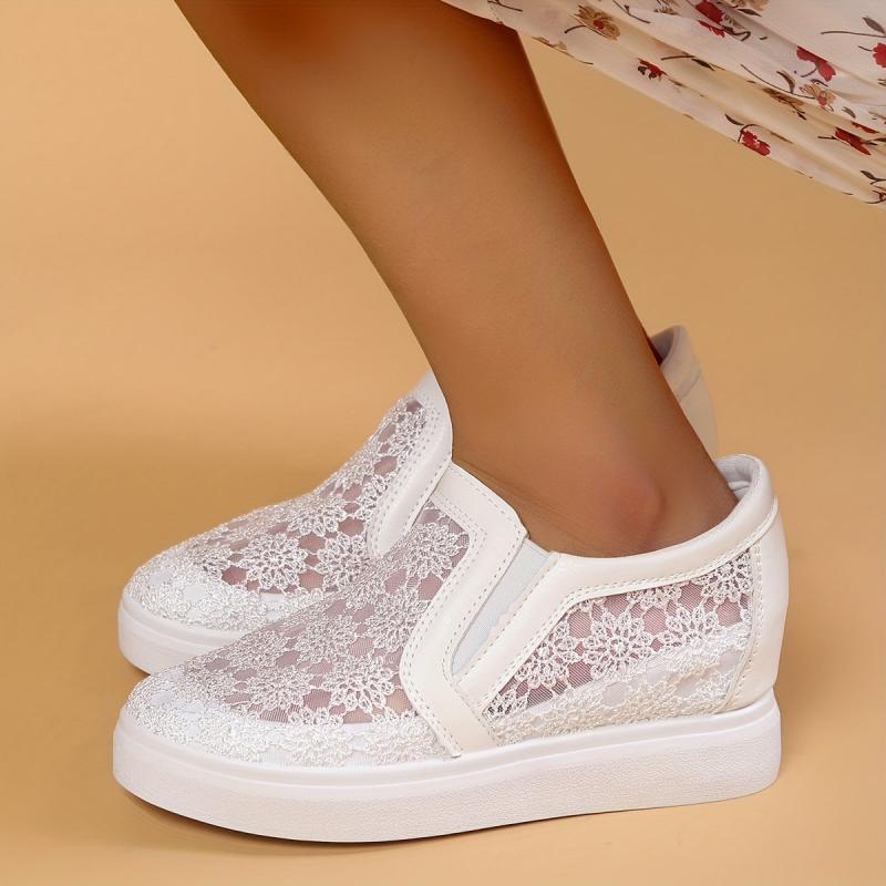 Women's Lace Wedge Loafers Flower Embroidered Slip-On Shoes