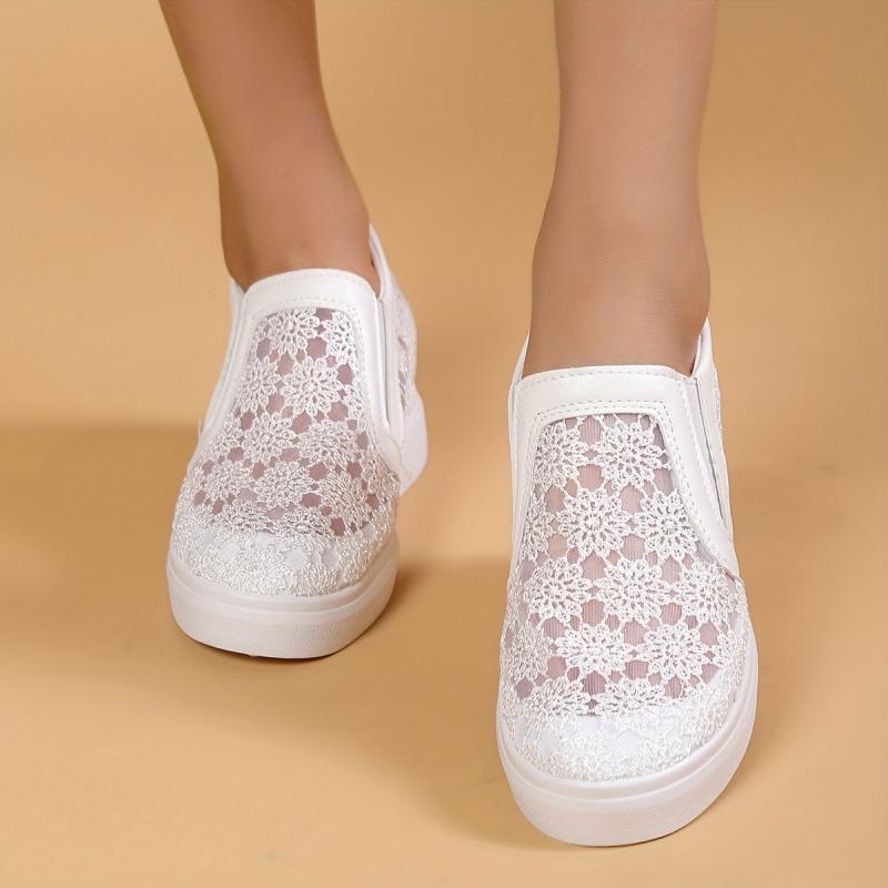 Women's Lace Wedge Loafers Flower Embroidered Slip-On Shoes