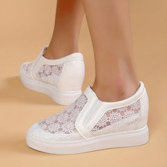 Women's Lace Wedge Loafers Flower Embroidered Slip-On Shoes