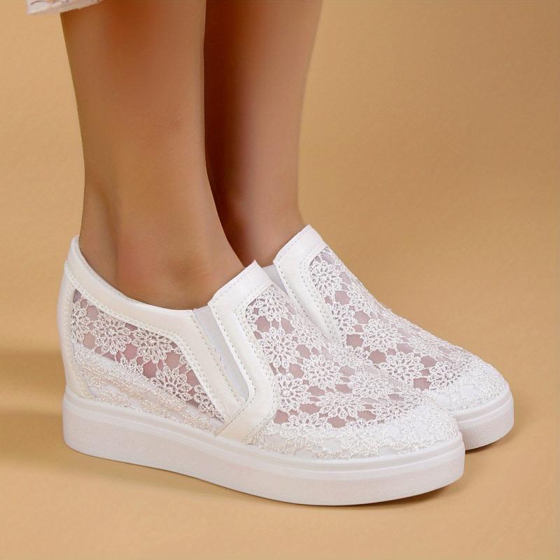 Women's Lace Wedge Loafers Flower Embroidered Slip-On Shoes