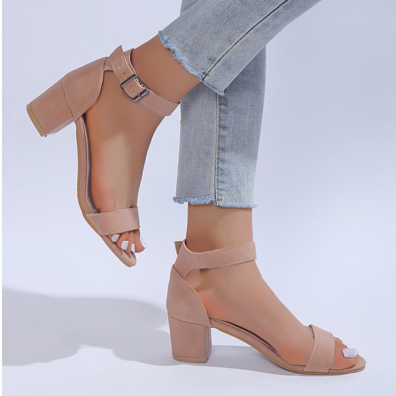 Block Heel Ankle Strap Sandals Open Toe Buckle Low Heels Daily Wear Dress