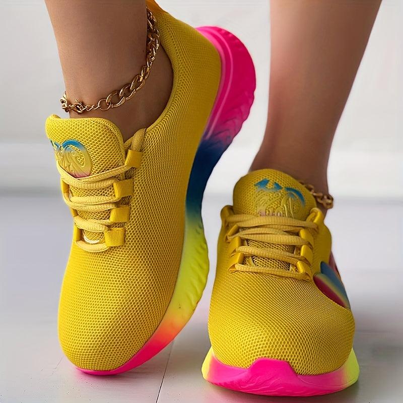 Women's Rainbow Heart Chunky Sneakers Mesh Breathable Low Top Sports Shoes
