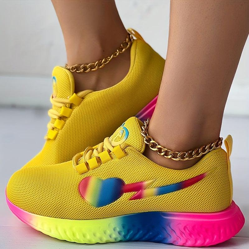 Women's Rainbow Heart Chunky Sneakers Mesh Breathable Low Top Sports Shoes