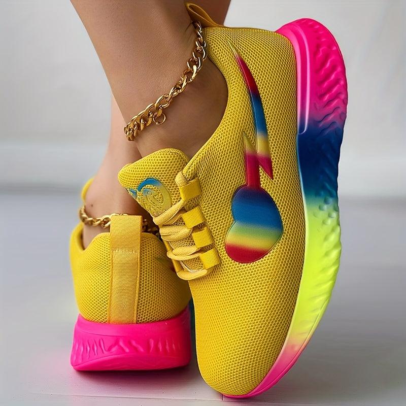 Women's Rainbow Heart Chunky Sneakers Mesh Breathable Low Top Sports Shoes