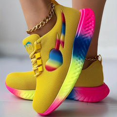Women's Rainbow Heart Chunky Sneakers Mesh Breathable Low Top Sports Shoes