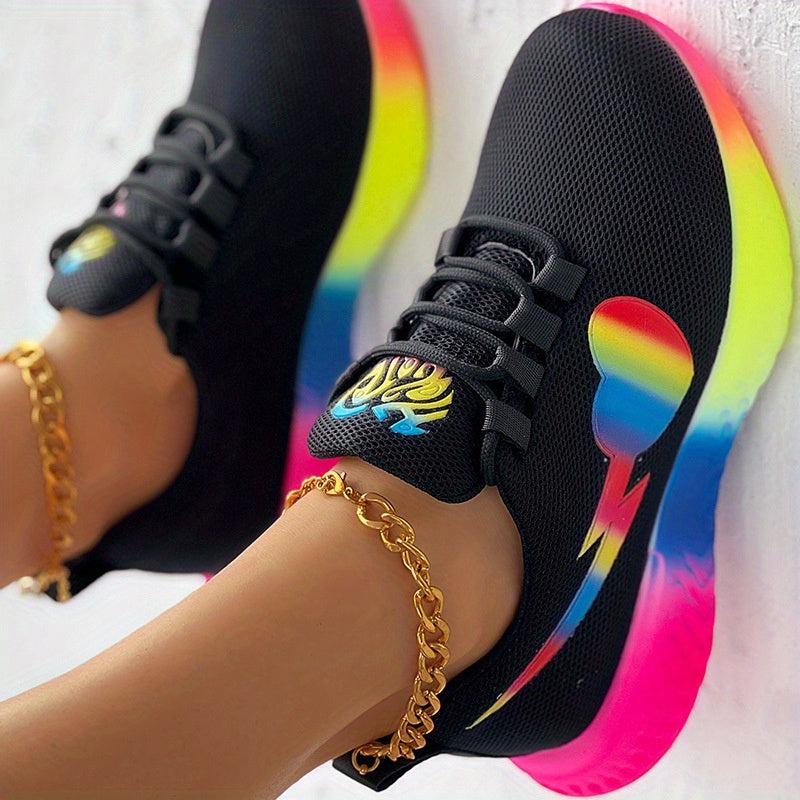 Women's Rainbow Heart Chunky Sneakers Mesh Breathable Low Top Sports Shoes