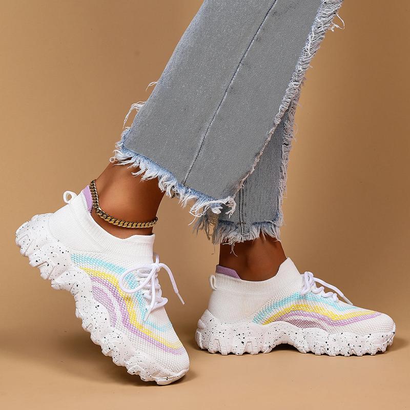 Rainbow Striped Chunky Sneakers Breathable Lace-Up Casual Shoes