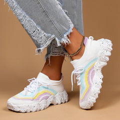 Rainbow Striped Chunky Sneakers Breathable Lace-Up Casual Shoes