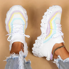 Rainbow Striped Chunky Sneakers Breathable Lace-Up Casual Shoes