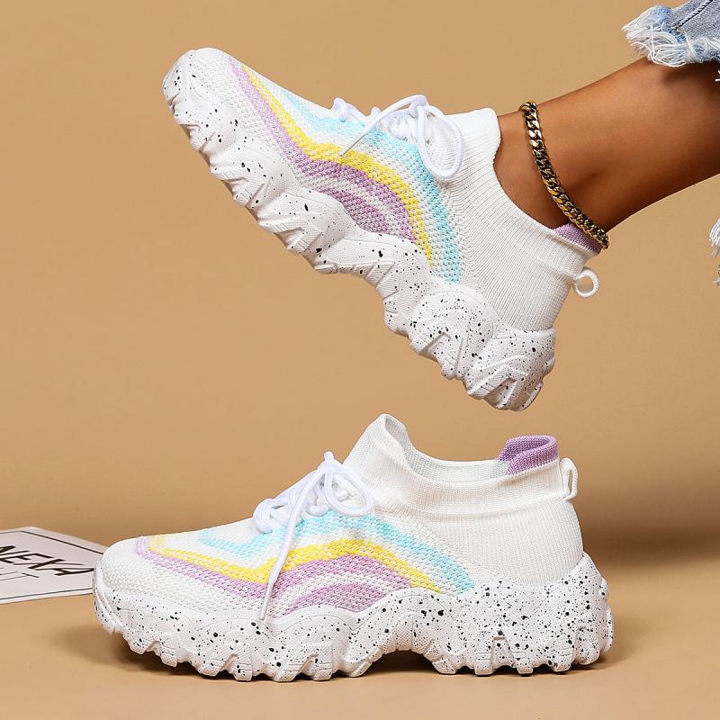Rainbow Striped Chunky Sneakers Breathable Lace-Up Casual Shoes