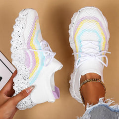 Rainbow Striped Chunky Sneakers Breathable Lace-Up Casual Shoes