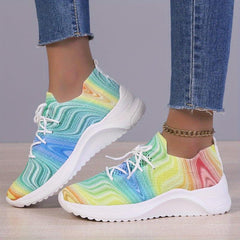 Women's Colorful Knit Sports Shoes Breathable Lace Up Running Tennis Sneakers