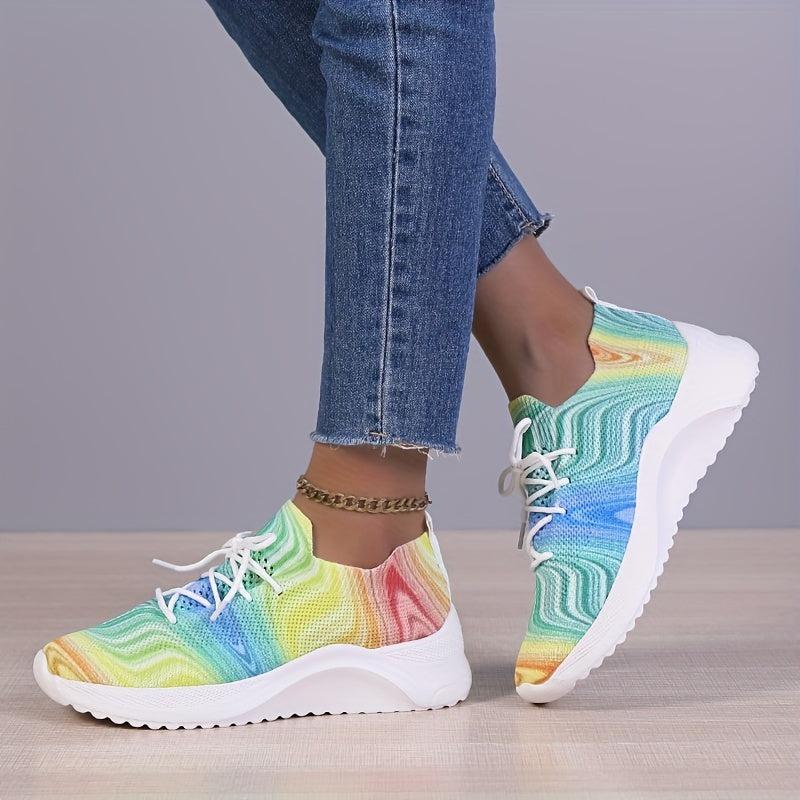 Women's Colorful Knit Sports Shoes Breathable Lace Up Running Tennis Sneakers
