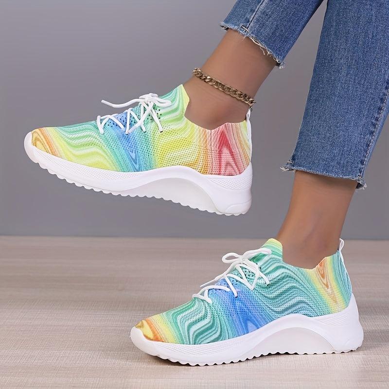 Women's Colorful Knit Sports Shoes Breathable Lace Up Running Tennis Sneakers