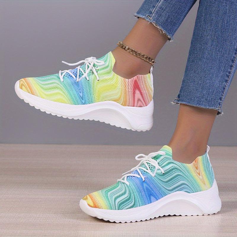 Women's Colorful Knit Sports Shoes Breathable Lace Up Running Tennis Sneakers