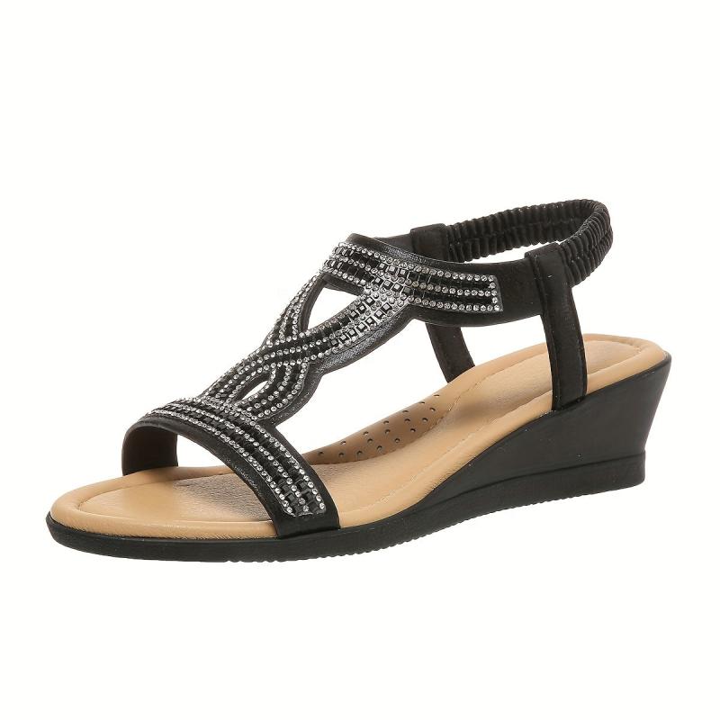 Boho Style Rhinestone Wedge Sandals - Slip On Beach Sandals