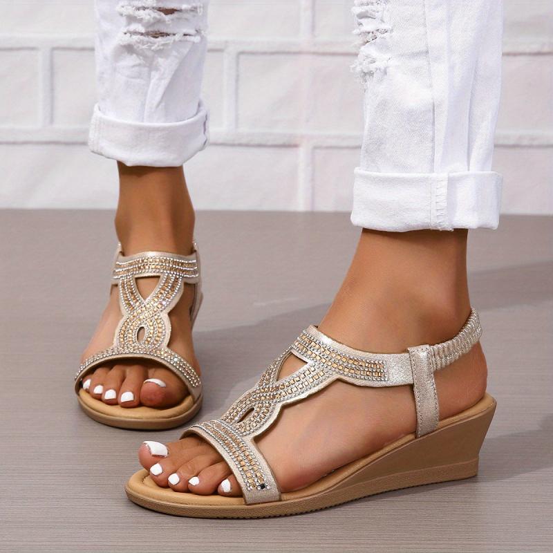Boho Style Rhinestone Wedge Sandals - Slip On Beach Sandals