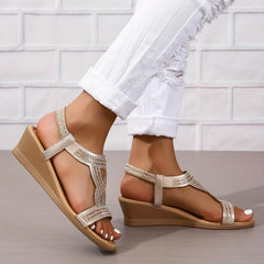 Boho Style Rhinestone Wedge Sandals - Slip On Beach Sandals