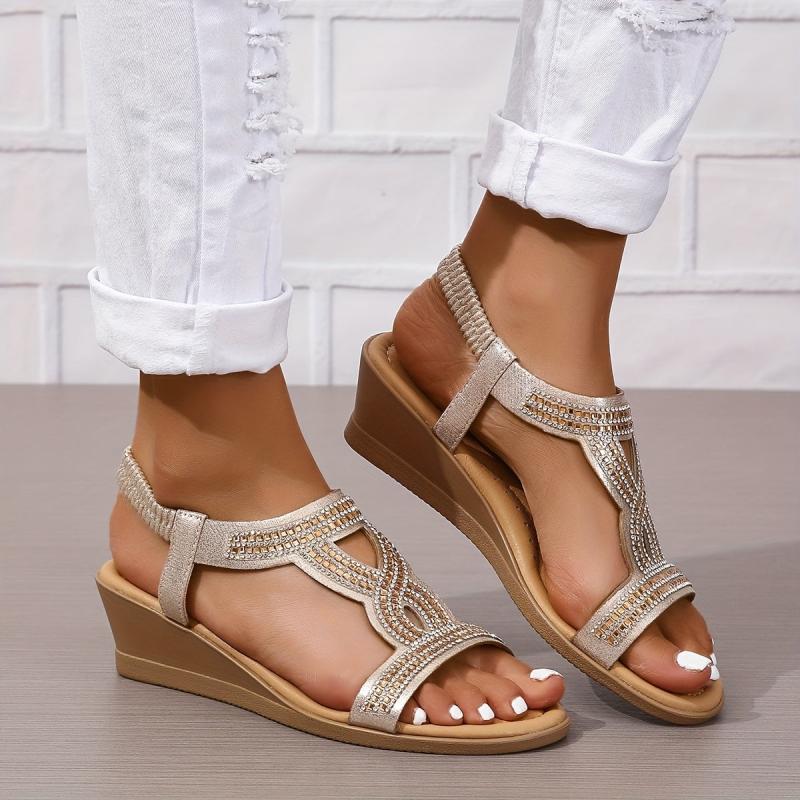 Boho Style Rhinestone Wedge Sandals - Slip On Beach Sandals