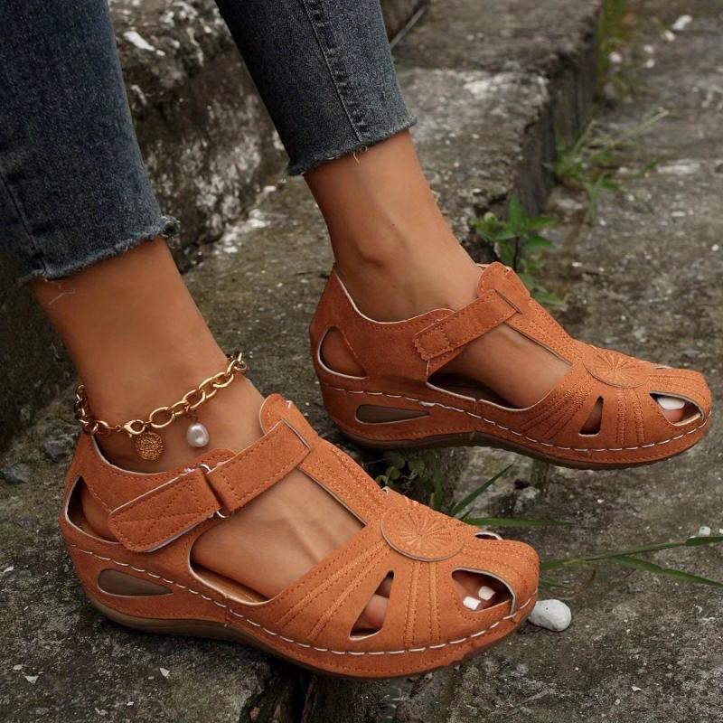 Women's Cut Out Wedge Sandals Hook & Loop Strap Platform Shoes