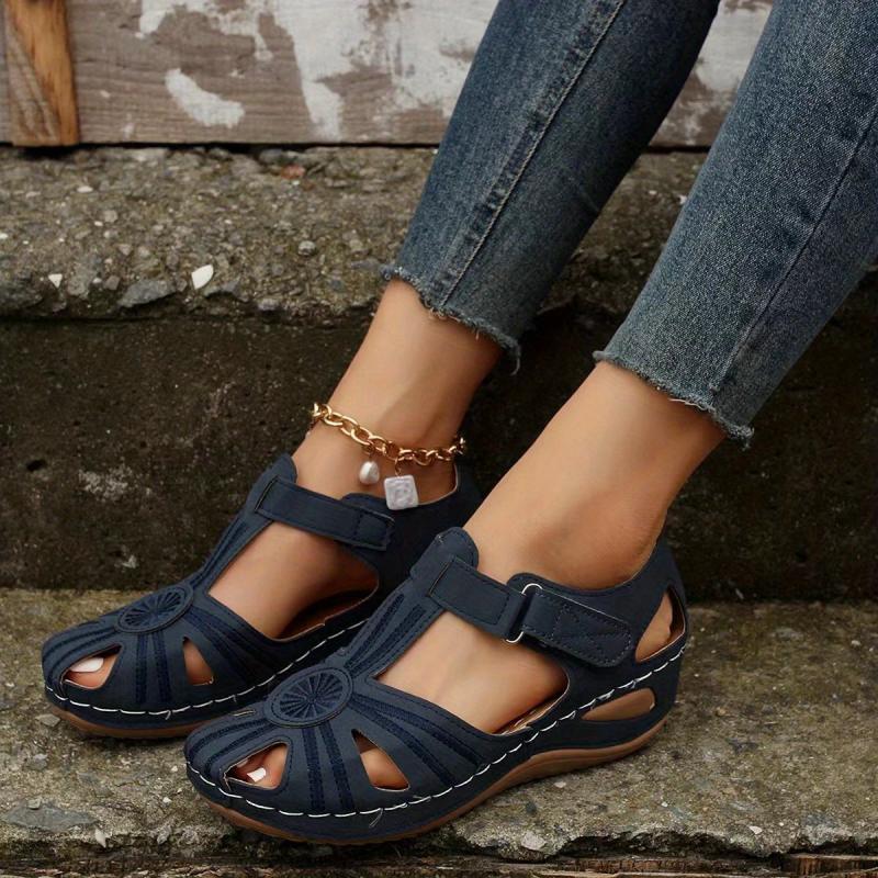 Women's Cut Out Wedge Sandals Hook & Loop Strap Platform Shoes