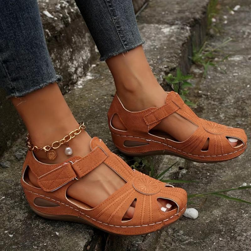 Women's Cut Out Wedge Sandals Hook & Loop Strap Platform Shoes