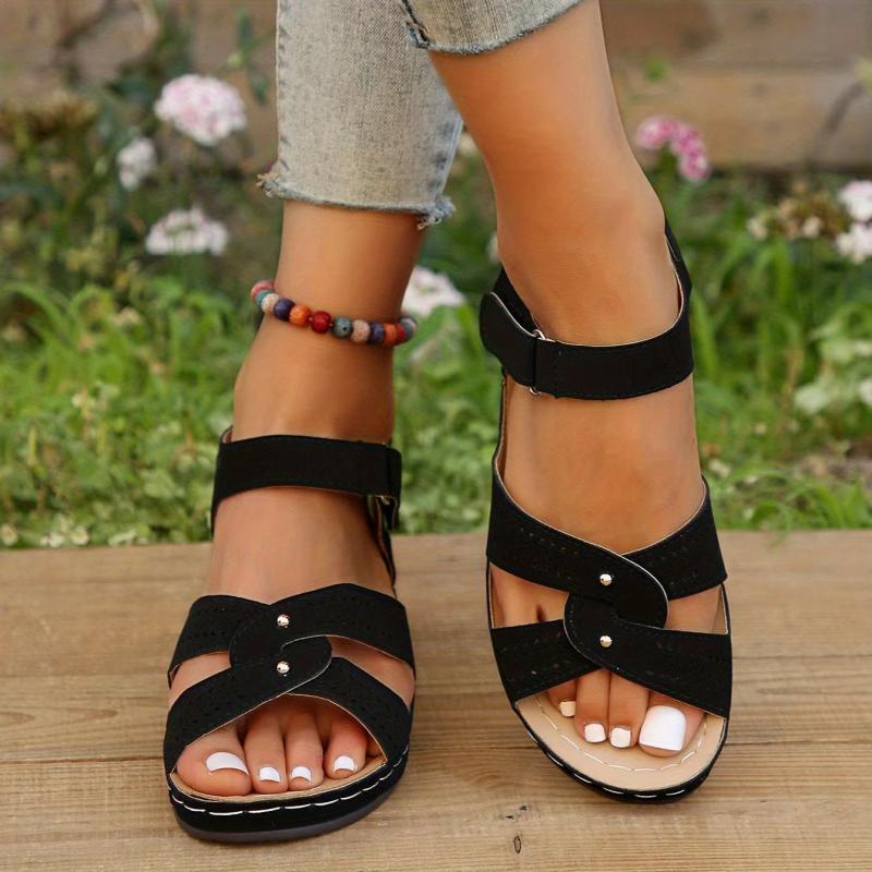 Women's Hollow Out Wedge Sandals Casual Hook & Loop Strap