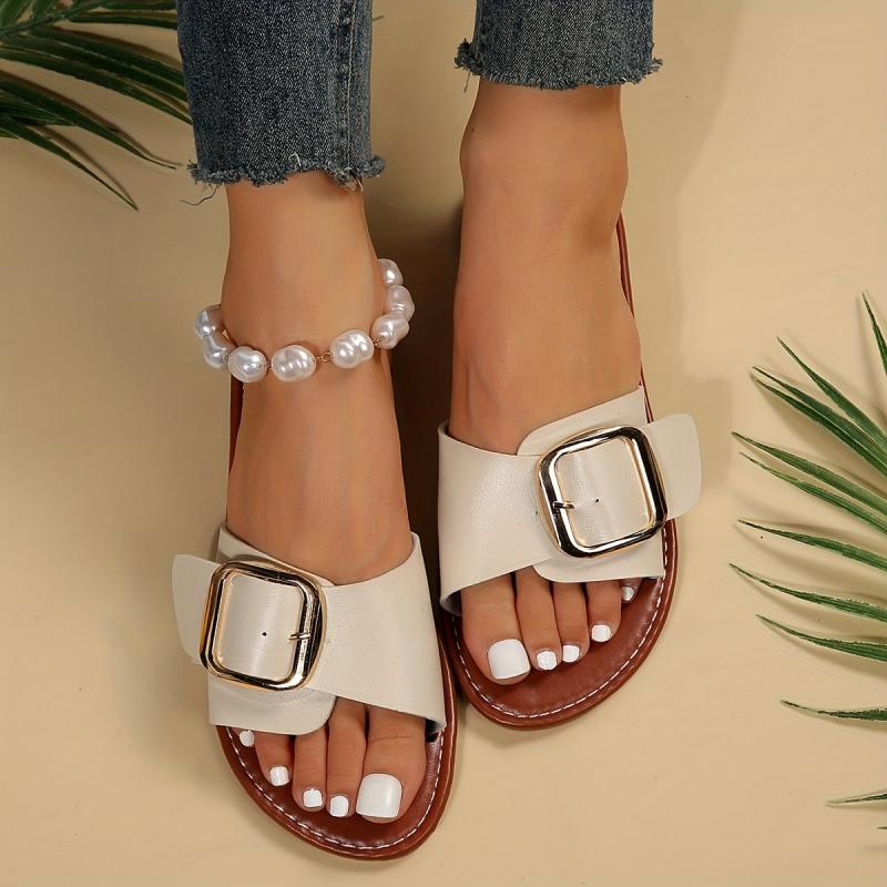 Women's Flat Sandals with Buckle Slides for Casual & Summer
