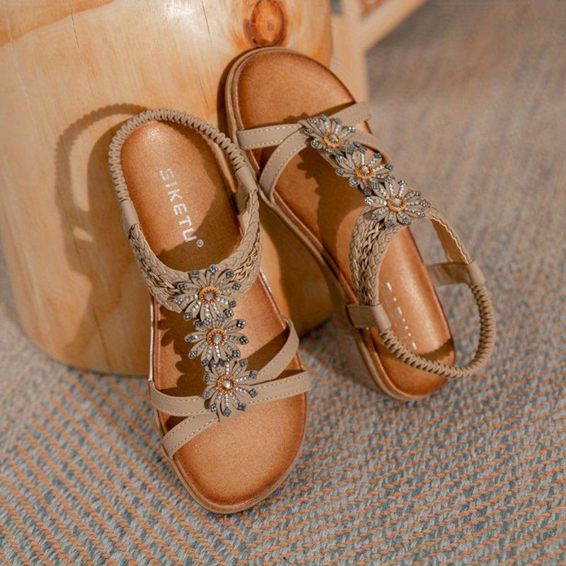 Boho Braided Beads Flat Sandals T-strap Slip-On Beach Travel Sandals