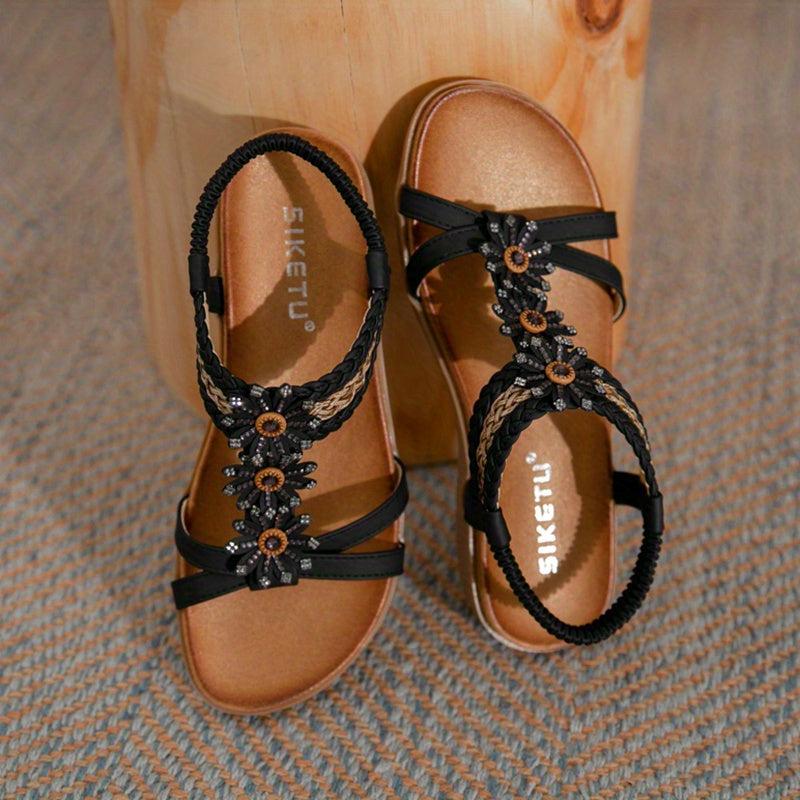 Boho Braided Beads Flat Sandals T-strap Slip-On Beach Travel Sandals