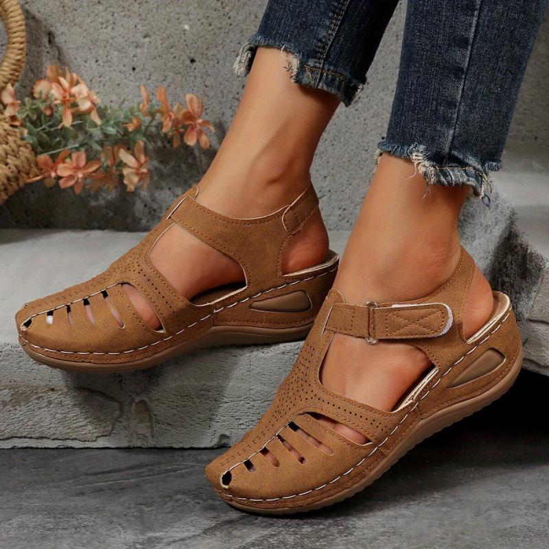 Women's Cut Out Wedge Sandals Hook & Loop Strap Platform Sandals