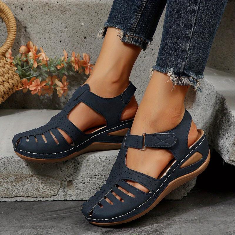 Women's Cut Out Wedge Sandals Hook & Loop Strap Platform Sandals