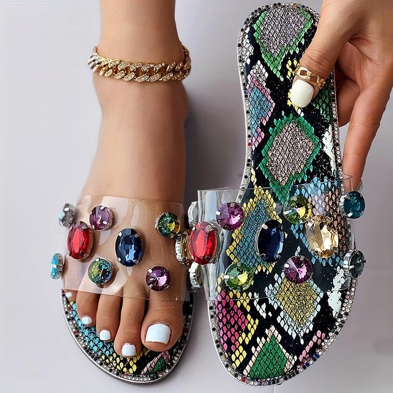 Rhinestone Decor Slides - Open Toe Lightweight Flat Shoes