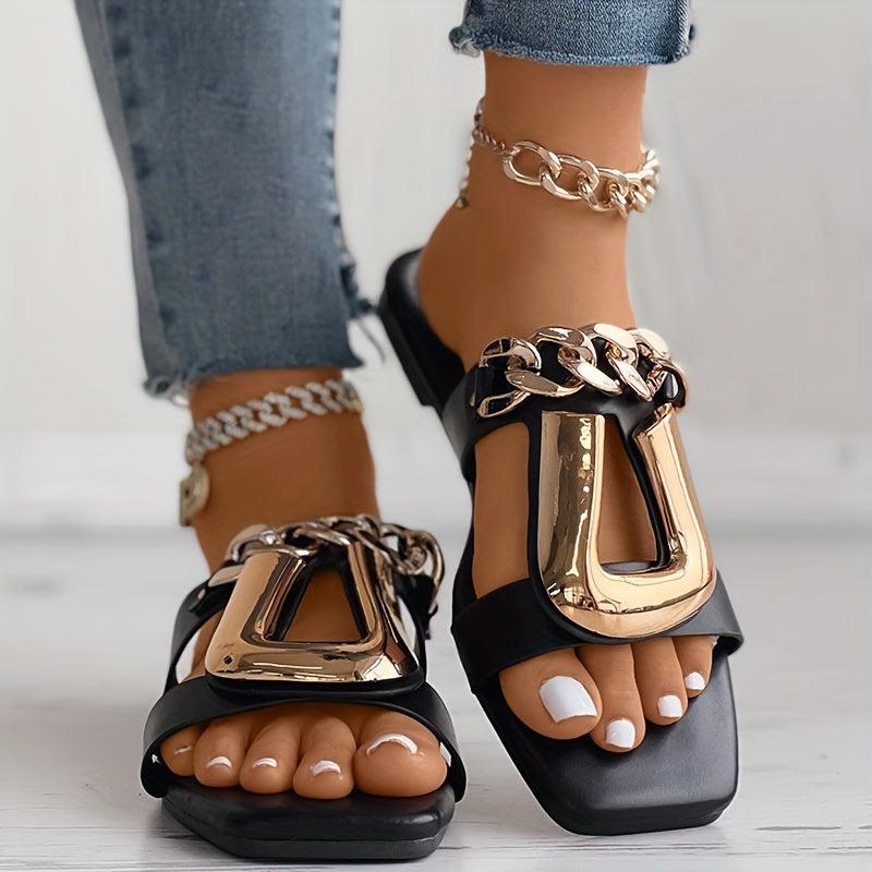 Metal Chain Decor Flat Slides Open Toe Slide Sandals