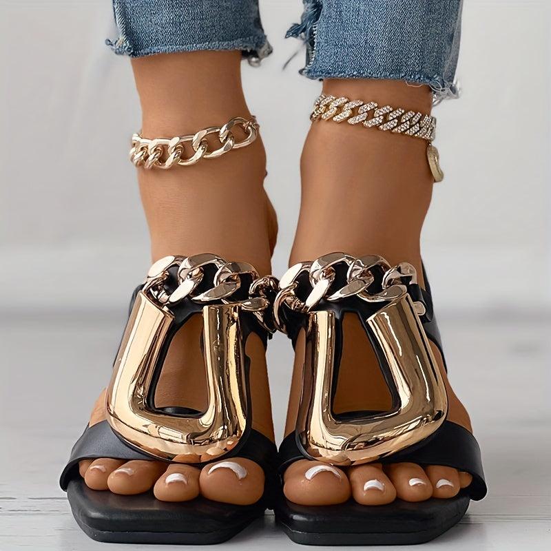 Metal Chain Decor Flat Slides Open Toe Slide Sandals