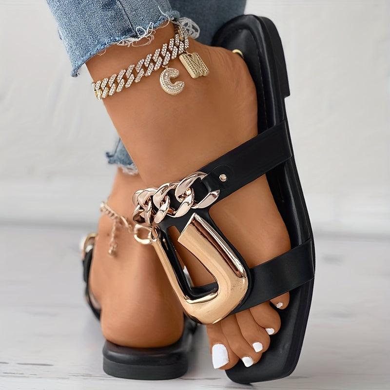 Metal Chain Decor Flat Slides Open Toe Slide Sandals