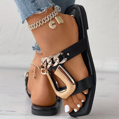 Metal Chain Decor Flat Slides Open Toe Slide Sandals