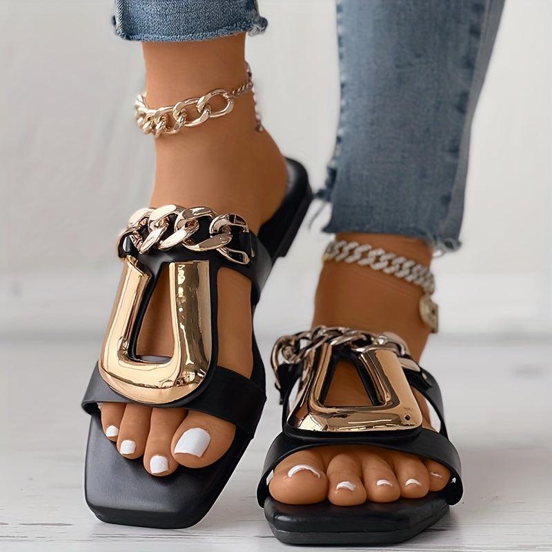 Metal Chain Decor Flat Slides Open Toe Slide Sandals