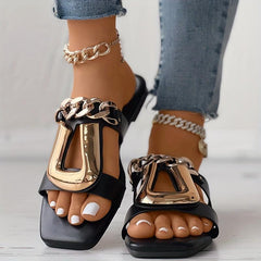 Metal Chain Decor Flat Slides Open Toe Slide Sandals