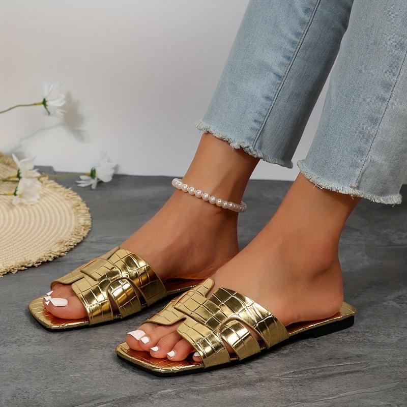 Women's Golden Flat Slide Sandals Casual Beach Slides