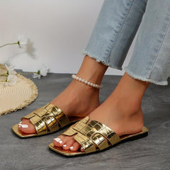 Women's Golden Flat Slide Sandals Casual Beach Slides