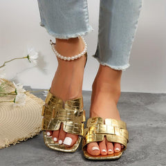 Women's Golden Flat Slide Sandals Casual Beach Slides