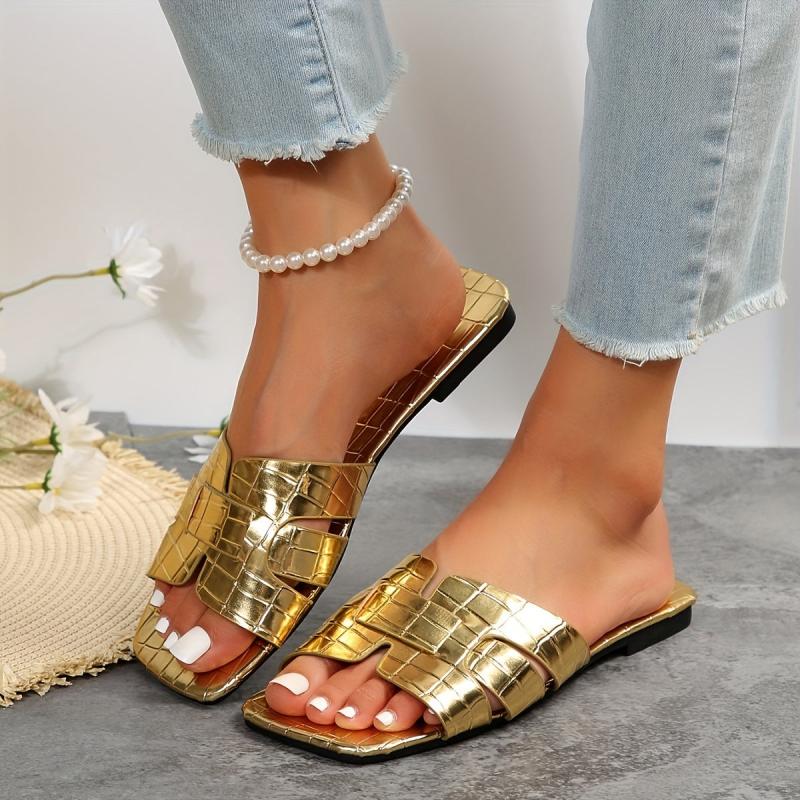Women's Golden Flat Slide Sandals Casual Beach Slides