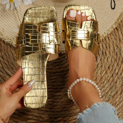 Women's Golden Flat Slide Sandals Casual Beach Slides