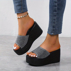 Women's Glitter Wedge Heel Slippers Open Toe High Heel Slides