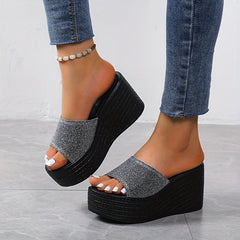 Women's Glitter Wedge Heel Slippers Open Toe High Heel Slides