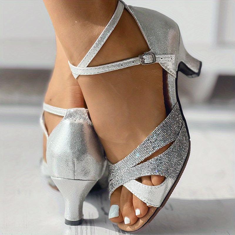 Glitter Kitten Heel Sandals Cross Strap Low Heels
