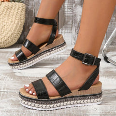 Women's Rivets Decor Wedge Sandals Buckle Strap Platform Sandals