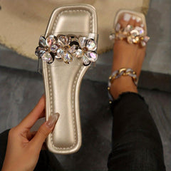 Women's Rhinestone Flower Slide Sandals Square Toe Flat Shoes
